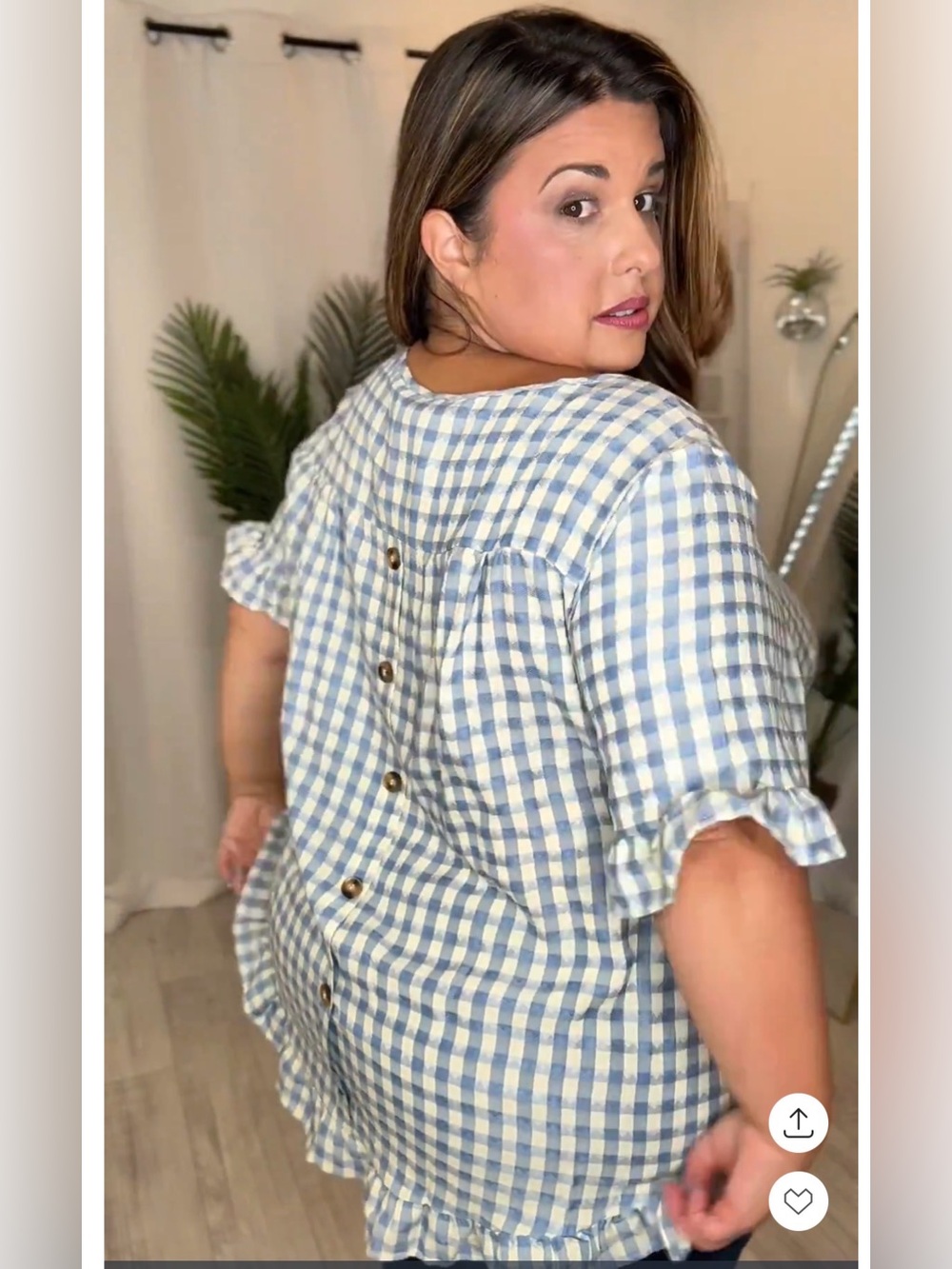 Plus Blue and White Gingham Ruffle Button-Back Blouse